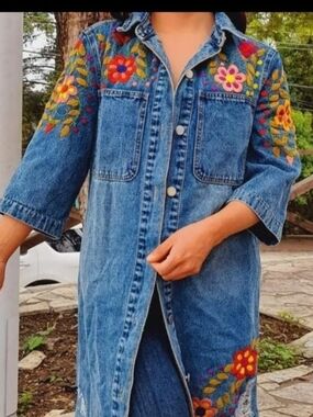 Hand Embroidered Floral Denim Duster Jacket - Blue with Multicolor Flowers